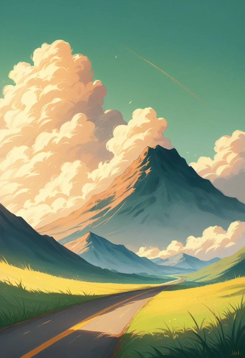 Mountains , clouds , green fields , a cycle on a road passing nearby the fields ,