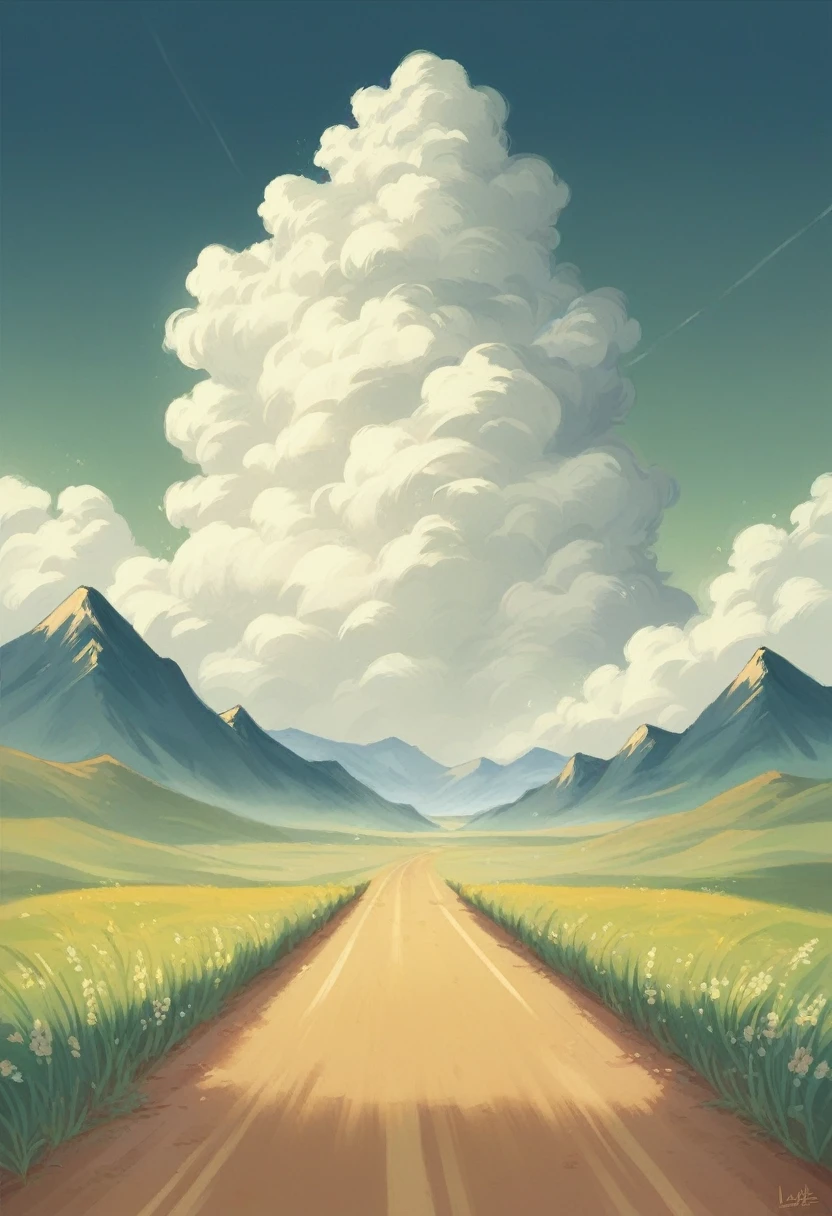 Mountains , clouds , green fields , a cycle on a road passing nearby the fields ,