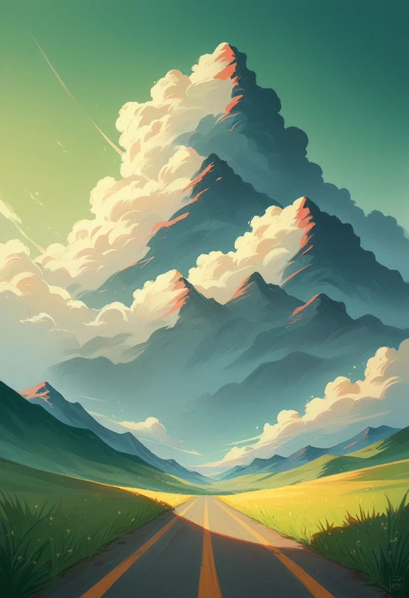 Mountains , clouds , green fields , a cycle on a road passing nearby the fields , 