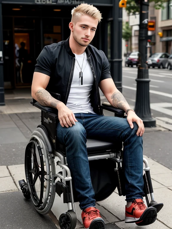 Handsome blond man, He is a wheelchair user, is sitting in a wheelchair with his hand on the wheels, paralyzed legs, gay, the boyfriend is next to him