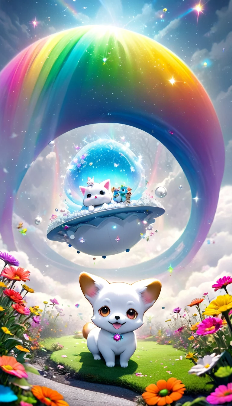 A fantasy world that combines flower punk and gem punk, Beautiful fairy, A distorted space from another dimension, Cute naughty ghost,with white cat,Corgi Dog Concept Installation Art, (Extremely detailed, Absolute resolution, best quality:1.3), 2.5D, Delicate and dynamic special effects, Fog filter effect, Rainbow glitter effect, artistic, overtake, Graphics CG Digital Art