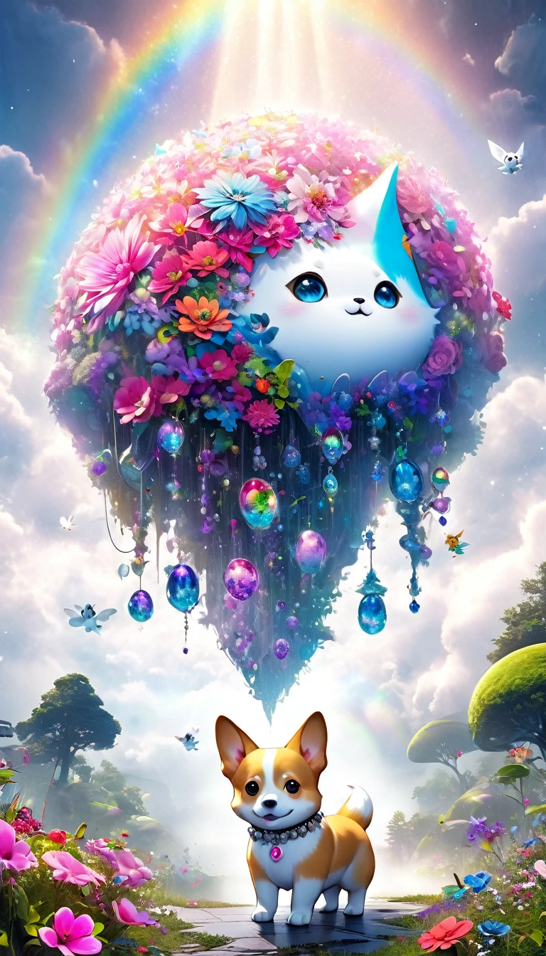 A fantasy world that combines flower punk and gem punk, Beautiful fairy, A distorted space from another dimension, Cute naughty ghost,with white cat，Corgi Dog Concept Installation Art, (Extremely detailed, Absolute resolution, best quality:1.3), 2.5D, Delicate and dynamic special effects, Fog filter effect, Rainbow glitter effect, artistic, overtake, Graphics CG Digital Art