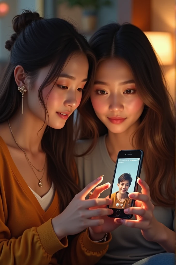 Two ladies are looking at a smartphone,In the photo are a cute and smart eighteen-year-old boy and a twelve-year-old girl.