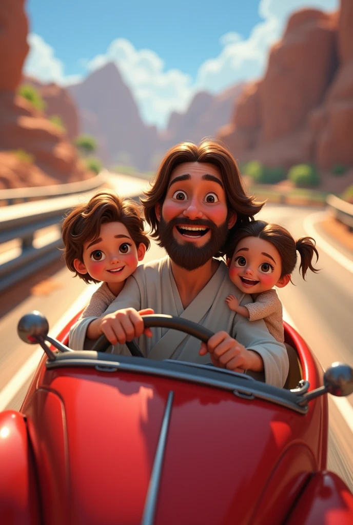 Uma imagem estilo Disney Pixar com Jesus e 3 crianças em um carro numa Speedway. Jesus must be driving the car, the steering wheel must be clearly visible. MAKE JESUS SMILER, Speedway. LET JESUS BE CUTER. Na imagem deve conter um Speedway visível atrás do carro.  The expression on the faces of Jesus and the children must be of happy and adventurous people..
