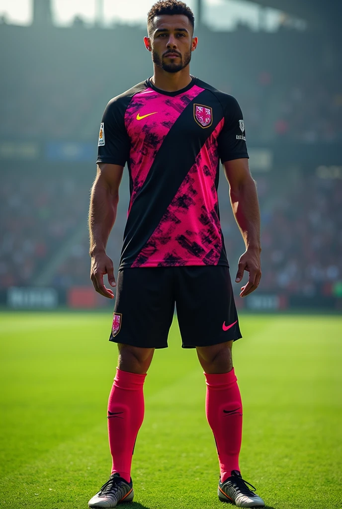 Make me a soccer uniform with a spectacular design that the colors are black with pink