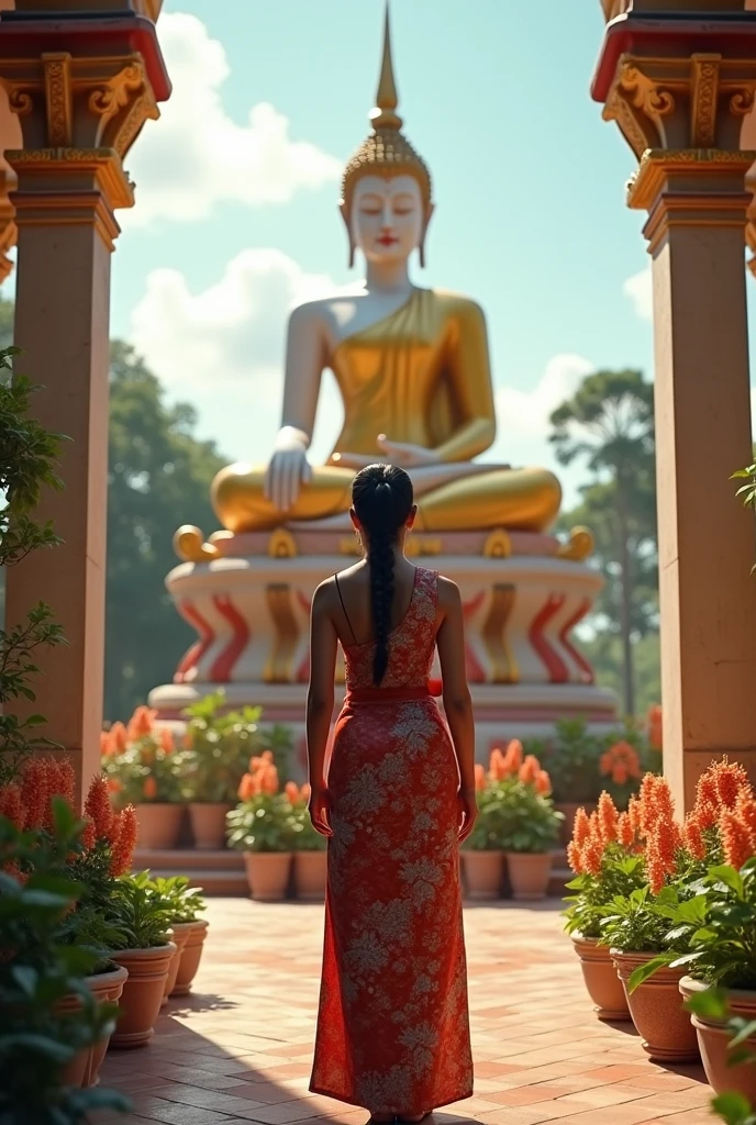 មាននារីម្នាក់ស្លៀកសំលៀកបំពាក់បុរាណខ្មែរ ឈរសំពះនៅមុខរូបសំណាក់របស់ព្រះអង្គព្រះពុទ្ធ នៅក្នុងបរិវេណវត្ត ដែលមានផ្ទៃមេឃជះពន្លឺ មានហំពណ៌ទៅដោយសួនផ្កា