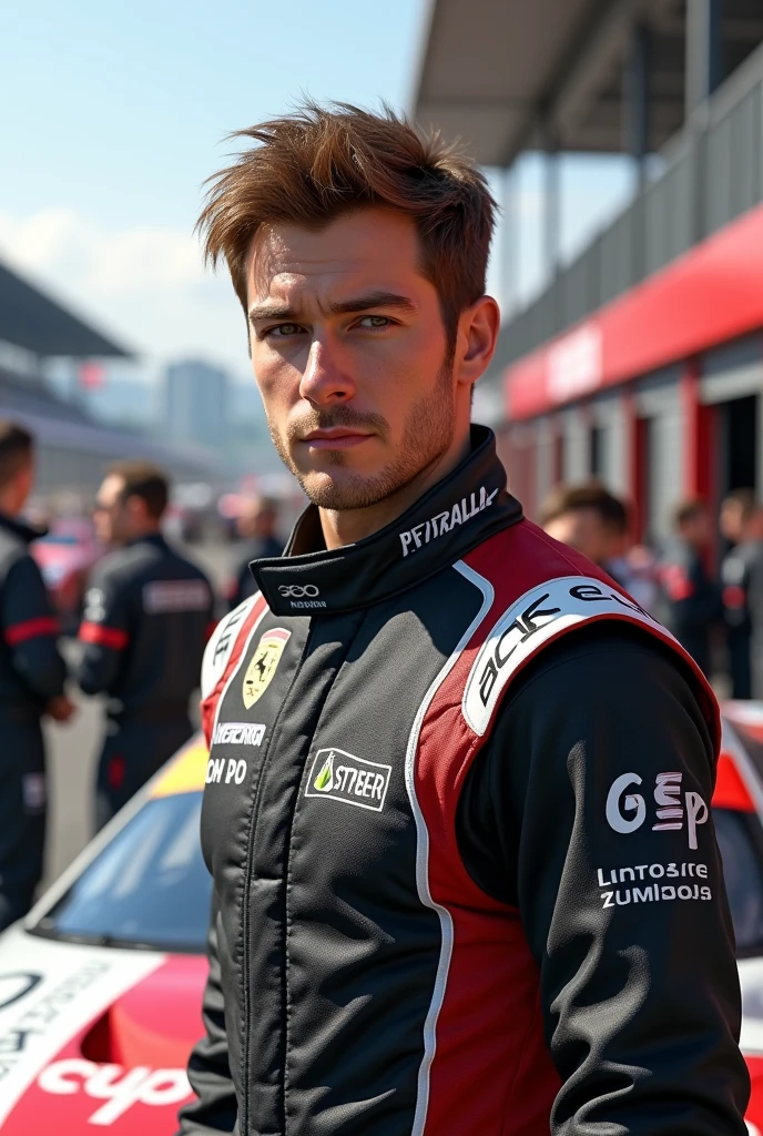(Photorealism:1.2), Porsche Cup male driver with brown hair and eyes in front of the pitlane 8k ultra realistic 