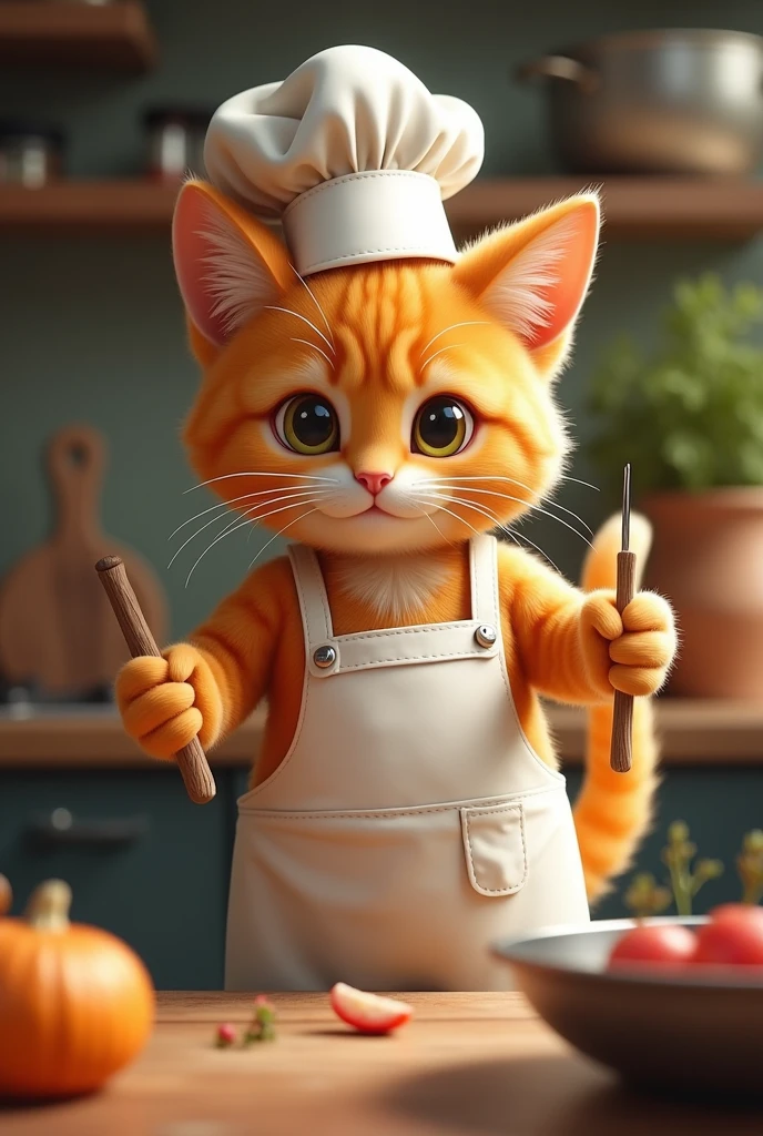 Very cute close-up of an orange cat cooking., In the kitchen, complicated details, ((Cat cooking)) ,Two-legged standing,Chef's clothing, Walk on two legs,Intention,Chef Cat