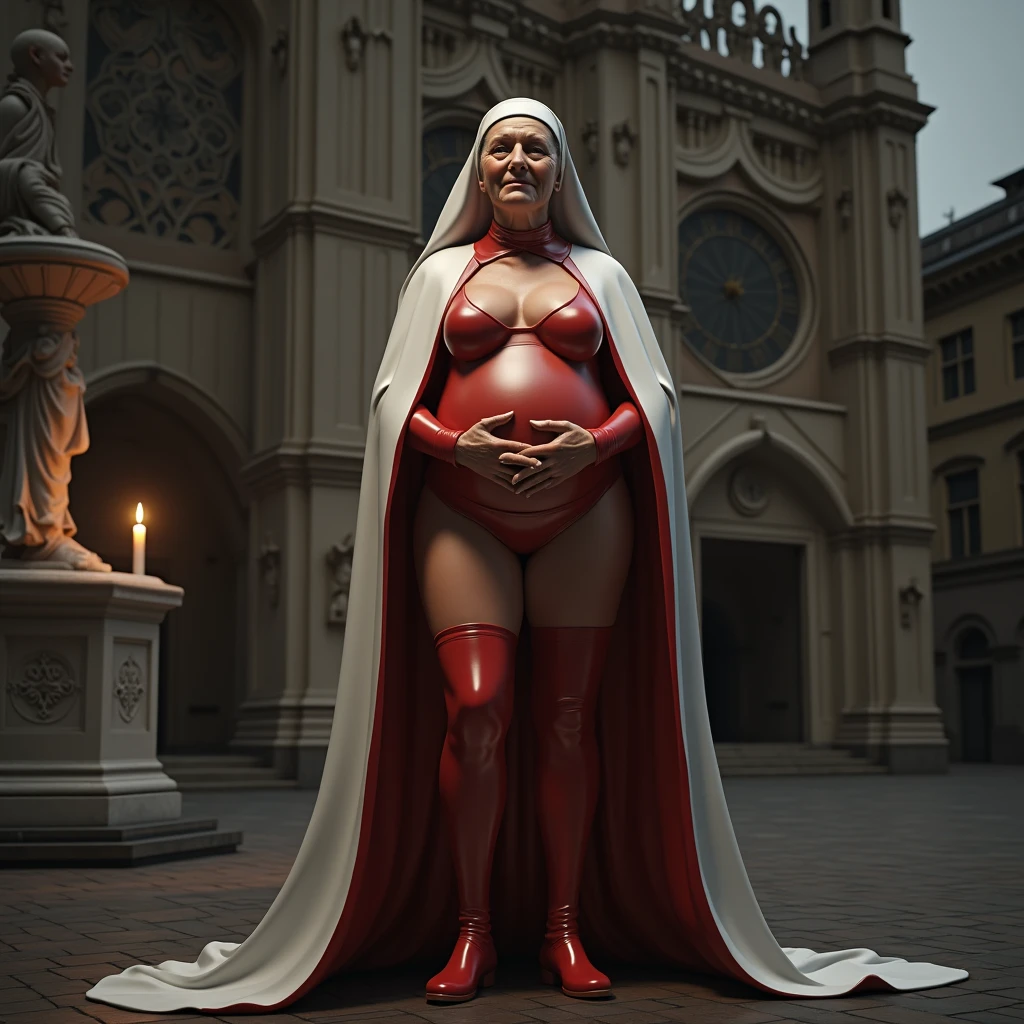 elderly 90 year old woman in the square in front of the church, dressed as a latex nun, white red latex bikini, funny smile, marble statue, dark octane rendering, see hard nipples on her breast, candle lighting, baroque, europe , mandala, side view from below, anatomically correct, big full breasts, she got pregnant, horny look, legs spread wide, muscular body, super detailed.