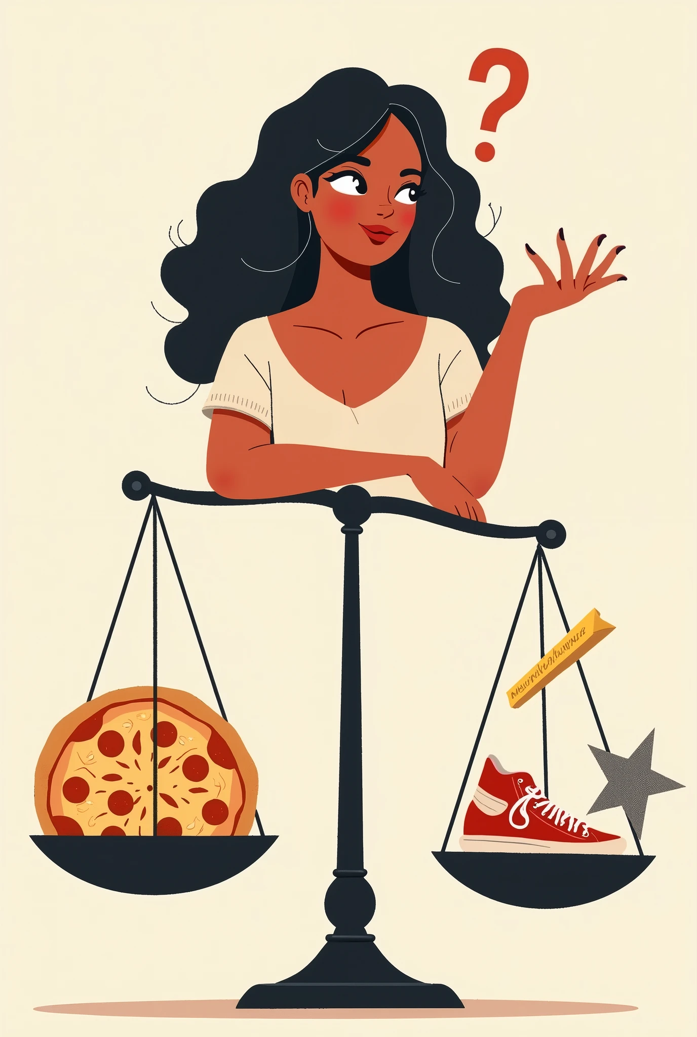 Imagine a scale with two pans: on one side, a giant pizza and a super comfortable couch; on the other, a pair of running shoes, a tape measure, and a star representing dreams and goals. Above the scale, a strong woman with dark hair, wavy eyes and confused, trying to decide which side to choose, with a playful expression of 'I deserve it' vs. 'I must focus'. This image would perfectly capture the dilemma between giving in to temptations and sticking to your goals!"