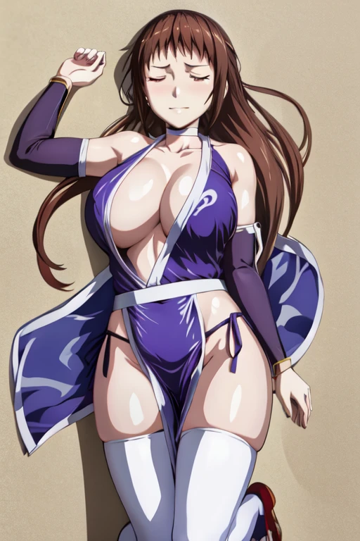 masterpiece, best quality, beautiful art, high resolution, well formed hands, body and fingers, 1 woman, solo, Ui Wakana, adult, grown up, big breasted, cleavage,  full body, braided long hair, blue_japanese_clothes, wearing DOA Kasumi's blue kunoichi dress, sexy and skimpy japanese clothes, kimono peek, sleeveless, panties peek, white stockings, gorgeous legs and thighs,ryona,in peril, she is defeated, knocked out, passed out, closed eyes, fainting, exhausted, unconscious, laying down on the sand, extended exposed body, full body on the sand, breathing heavily, sexy smirk on her face, bouncing breasts, sexy defeated and KO pose, defeat and KO scene, fallen beauty, martial arts tournament with beach environment 