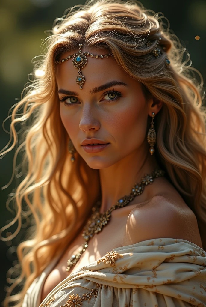 Absurd, ultra-detailed, high quality, masterpiece, detailed face, beautiful eyes(detailed eyes), Greek mythology, Goddess, Hera , the queen of the gods, striking and captivating, features are classically beautiful, with high cheekbones, a perfectly proportioned face, eyes depicted as large and captivating, hold an intense gaze, golden hair , Gole hair is luxuriant and flowing, cascading down her back in waves,wearing elegant robes adorned with intricate patterns ,Her beauty is not merely superficial but embodies the essence of power, authority, and regality.