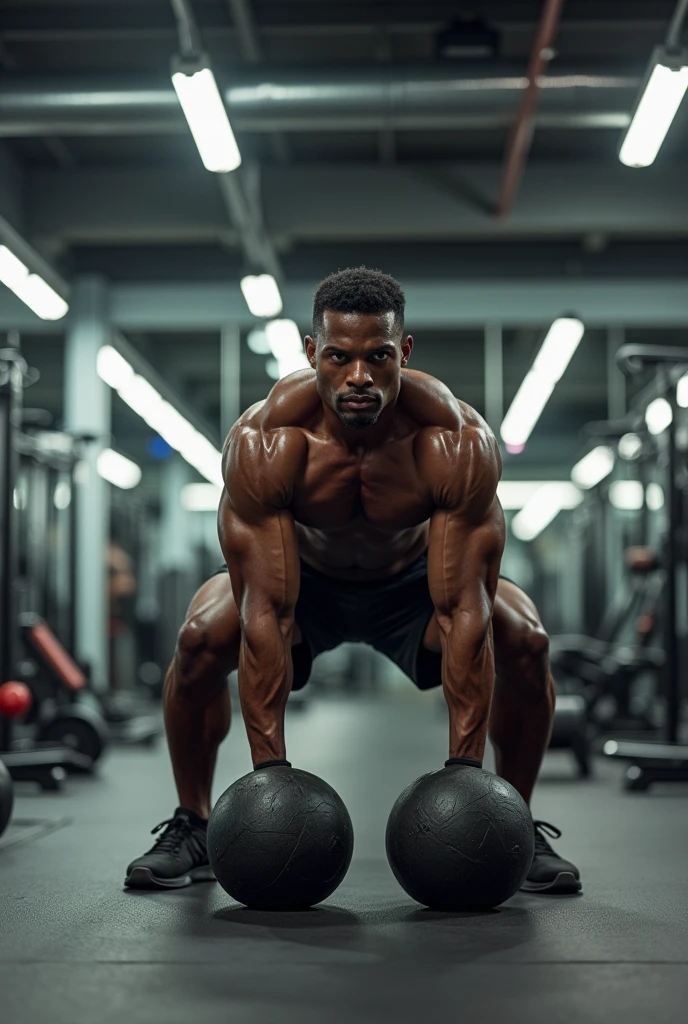 Dark-skinned man doing squats while carrying weights in the gym