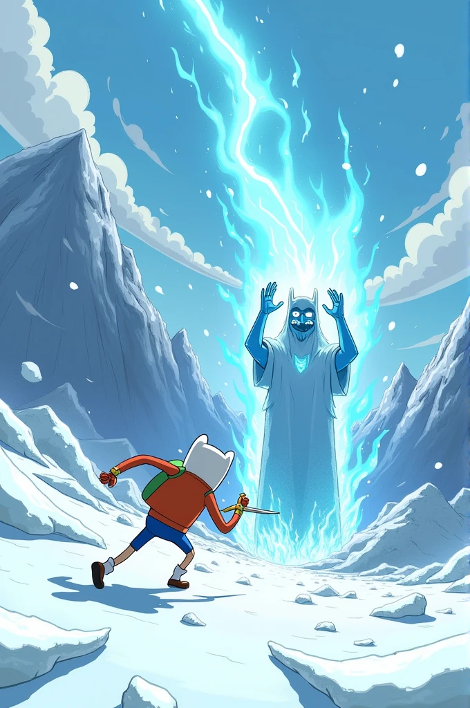 In the style of adventure time draw finn running at ice king with a sword and ice king zapping finn with ice magic make it horizontal