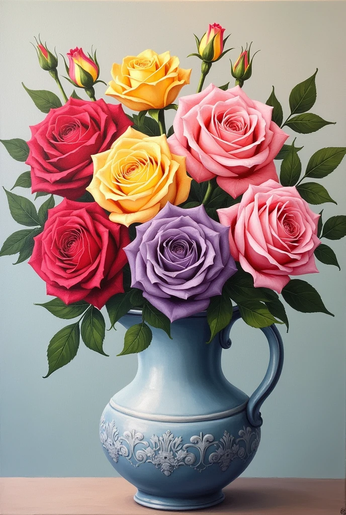 An acrylic painting of a vase with roses of various colors 