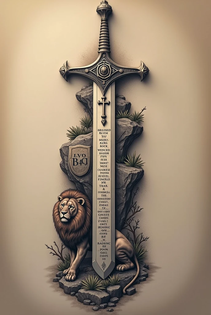 Description for Tattoo Design:
Core Elements:
elsword (or a combination of sword and shield): The sword will be the central element. Can be styled with details, such as a cross on the handle or marks that symbolize divine protection.
Verse:
texto: "Blessed be the Lord, my rock, who trains my hands for battle and my fingers for war." (Salmo 144:1)
distribution: Text can be spread along the sword blade, following its contour. Some parts of the verse can be highlighted in larger sizes or with a more decorative font.. Other parts of the text may be smaller and more discreet., fitting the shape of the sword or around the shield.
Font and Style:
Calligraphic or Classic Font: Use a font that is elegant and legible. Calligraphic or antique-style fonts add a touch of sophistication.
Variety of Sizes: Words may vary in length, with the most important parts of the verse highlighted.
Adding details:
Lion and Shield: If you choose the lion option, it can be positioned next to the sword or shield. The shield can have the text integrated or in a band around it..
Rock and Cross: If you choose the rock, the text may appear to be carved into the rock, with the cross highlighted in the background or as a complementary detail.
Composition:
Harmony and Flow: Make sure the text flows with the contours of the central elements, so that the reading is natural and the tattoo has a cohesive appearance.