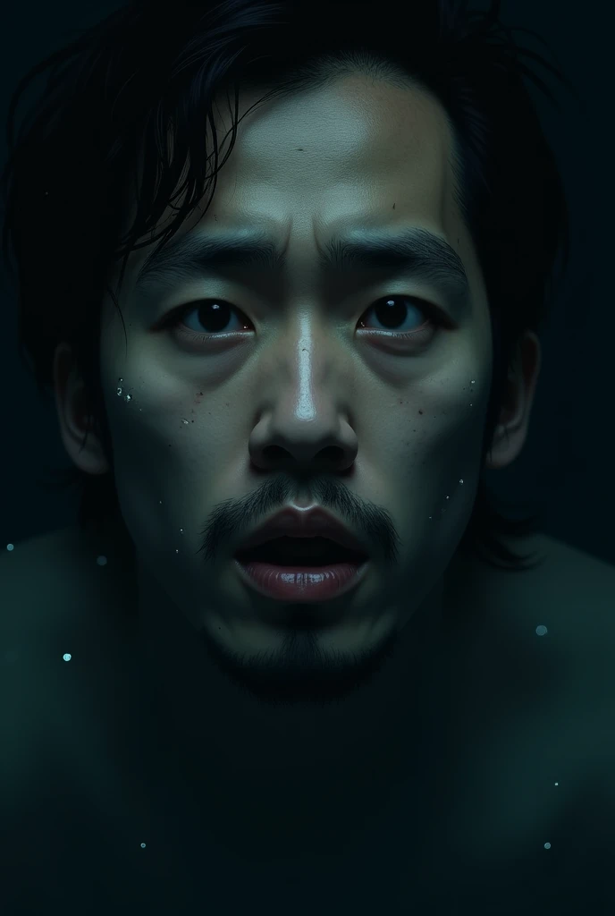 A man sunk to the bottom of deep water is drawn with the light removed from his eyes and his expression slightly close up. The background is dark and black.、Japanese man with open eyes and a desperate expression, beard removed、16age