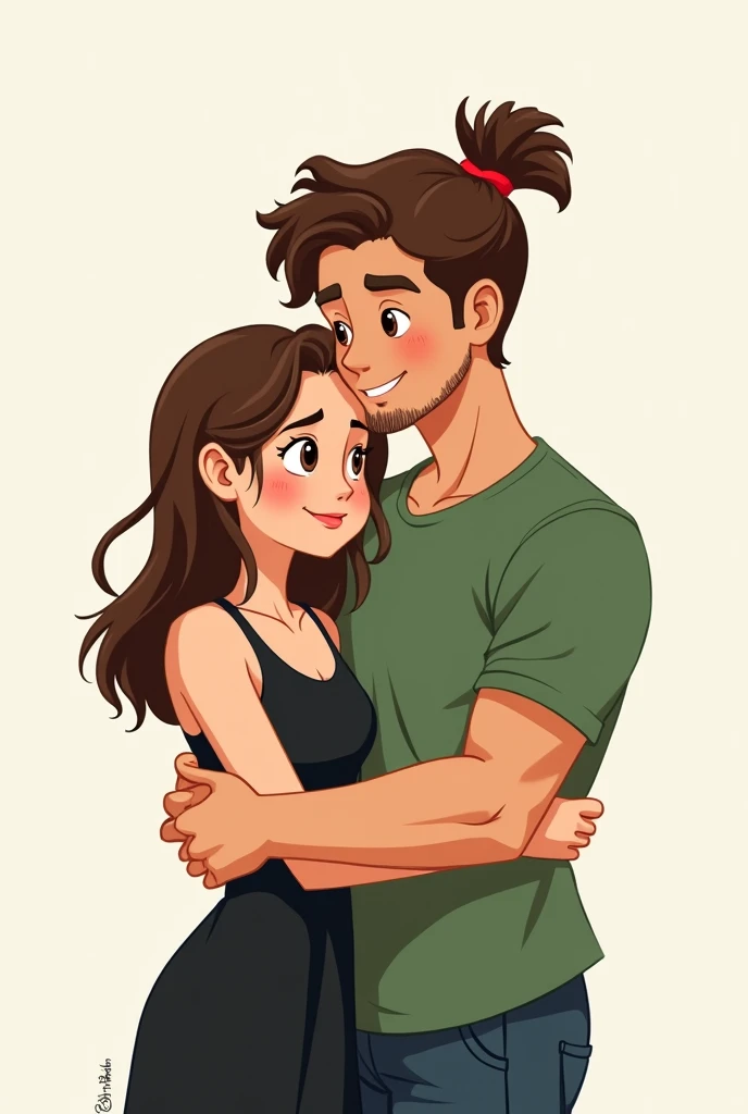 Create a couple of about 18 like a cartoon , that the boy has semi-long brown hair tied back in a ponytail,if skin is white ,have a little hair on your chin, be a little taller,be strong brown eyes and have a green shirt . .the girl is brown-haired , no tattoos, brown eyes and wearing a black dress and the boy is in front and is hugging the girl from behind