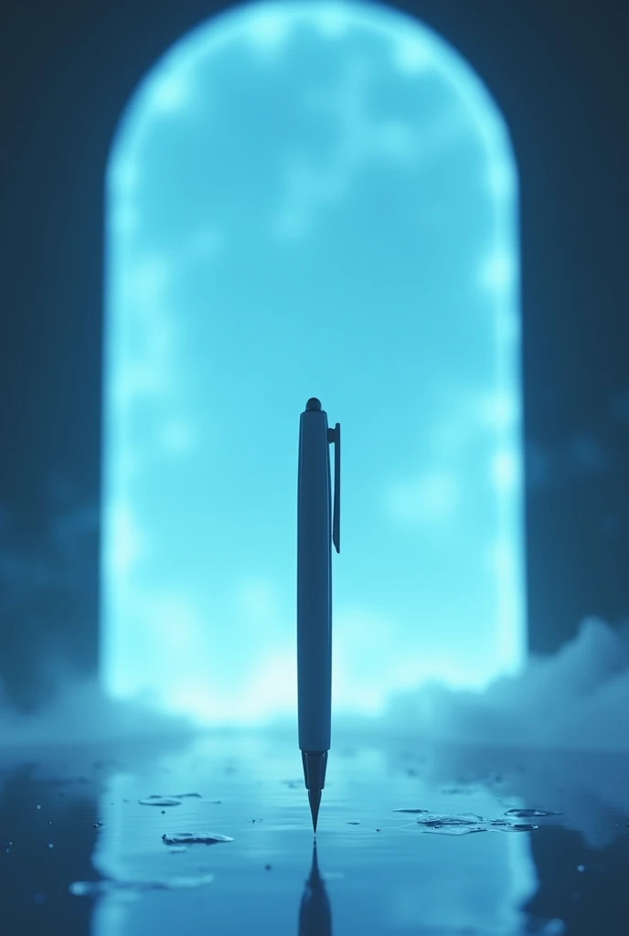 A white pen in the center. No fundo, there is a portal with blue light coming out of it.