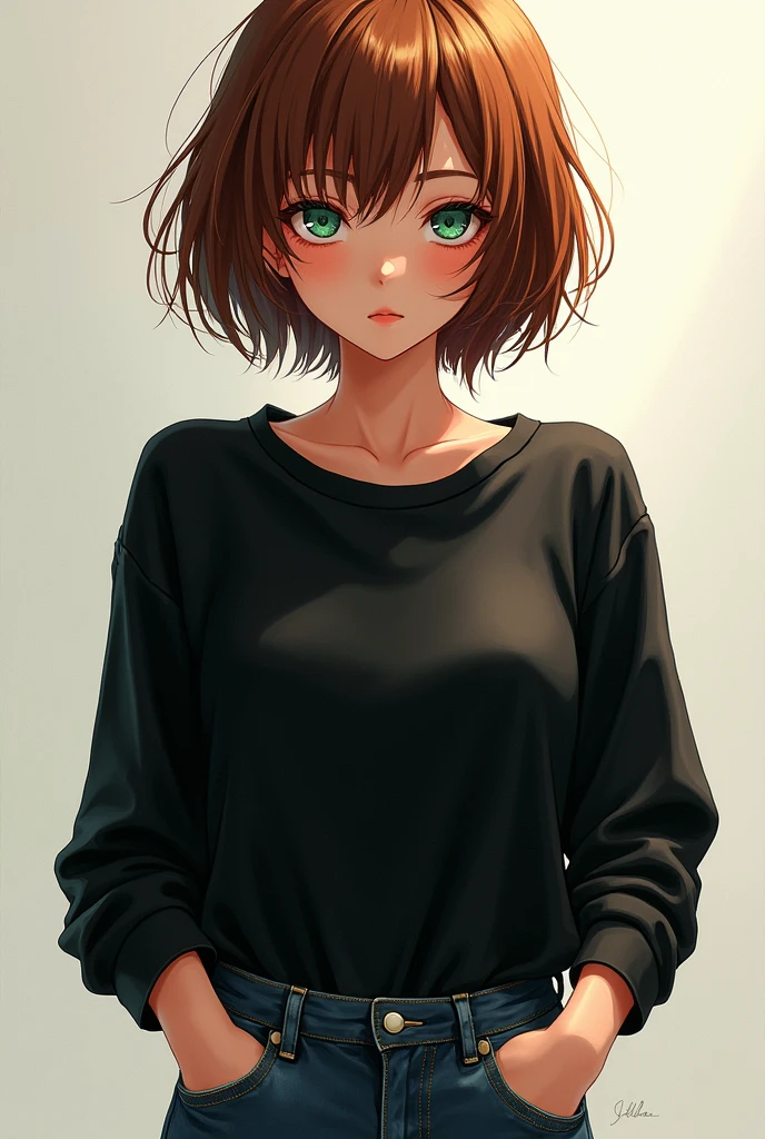 anime character of a woman in a black long sleeve shirt and jeans, short brown hair, neck length, greeneyes, a digital painting inspired by Tomer Hanuka, trends on Pixiv, serial art, heavy gesture style closeup, full body details, wearing casual clothes, anime styling, anime styling hiper detalhado, personagem de anime styling, stunning detailed art style, realistic art style, clean detailed anime style, modern anime style, chestnut hair