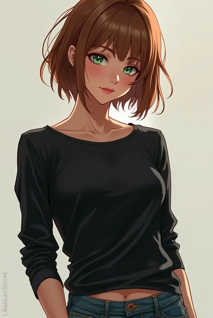 anime character of a woman in a black long sleeve shirt and jeans, short brown hair, neck length, greeneyes, a digital painting inspired by Tomer Hanuka, trends on Pixiv, serial art, heavy gesture style closeup, full body details, wearing casual clothes, anime styling, anime styling hiper detalhado, personagem de anime styling, stunning detailed art style, realistic art style, clean detailed anime style, modern anime style, chestnut hair
