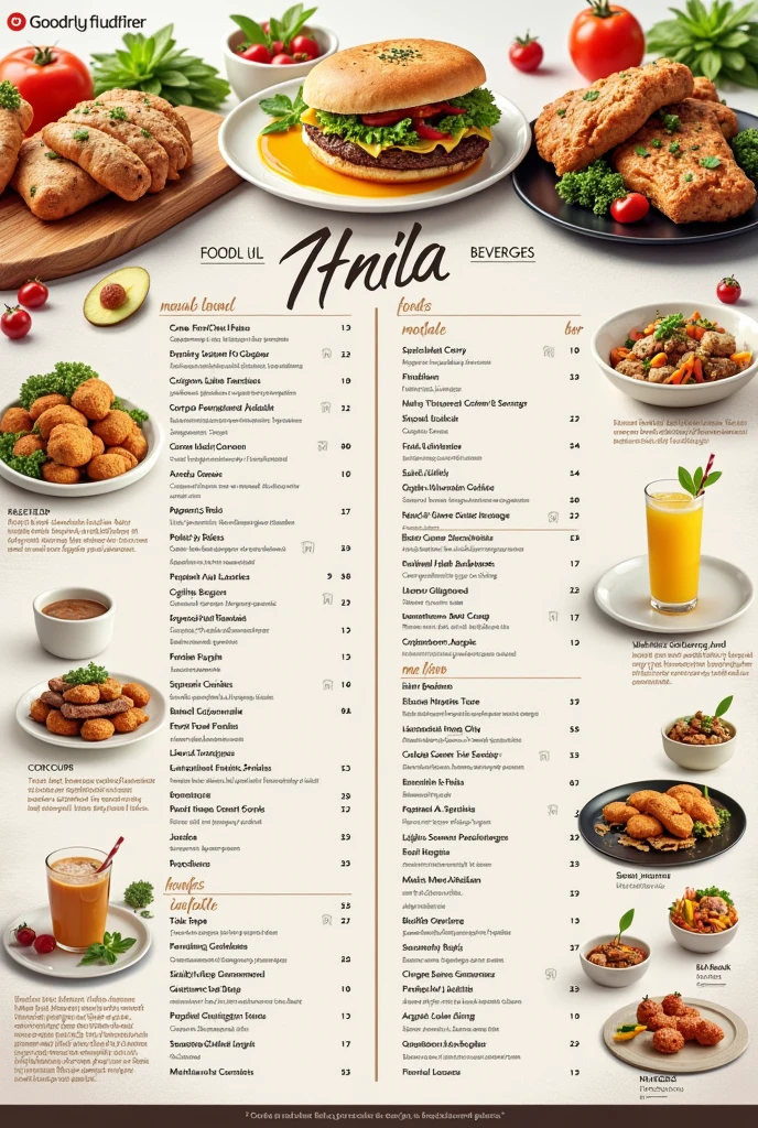 Create images that present food and beverage menus clearly and attractively, using high resolution to ensure every element is perfectly visible and engaging for the viewer. Completely avoid any distortion, blur or pixelation that may devalue the image do not use logos or prices 