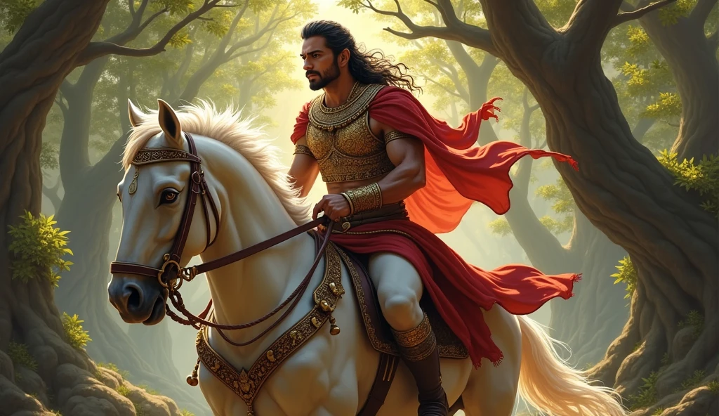 राजकुमार अर्जुन, एक सुंदर योद्धा, शाही पोशाक में, सफेद घोड़े पर सवार होकर घने जंगल से गुज़र रहा है। सूर्य की किरणें पेड़ों के बीच से छनकर रहस्यमयी वातावरण बना रही हैं।"