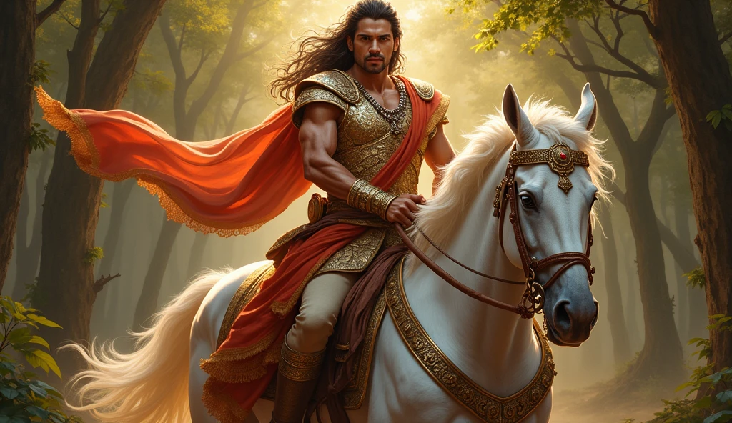 राजकुमार अर्जुन, एक सुंदर योद्धा, शाही पोशाक में, सफेद घोड़े पर सवार होकर घने जंगल से गुज़र रहा है। सूर्य की किरणें पेड़ों के बीच से छनकर रहस्यमयी वातावरण बना रही हैं।"