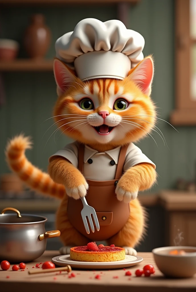 Very cute close-up of an orange cat cooking., In the kitchen, complicated details, ((Cat cooking)) ,Two-legged standing,Chef's clothing, Walk on two legs,happiness,Chef Cat