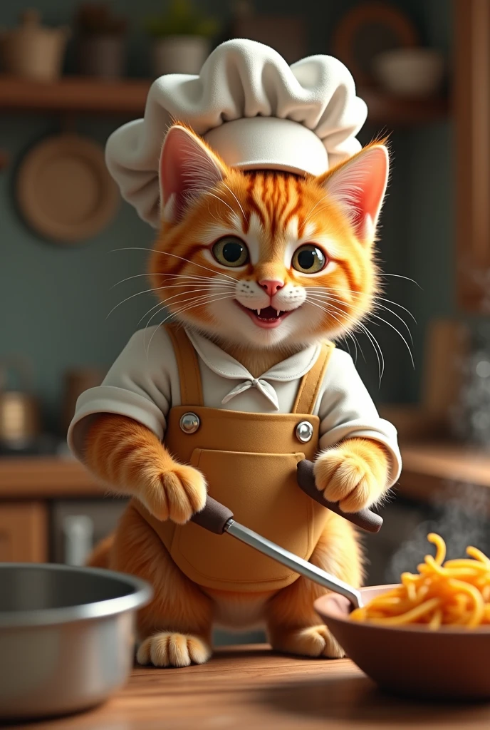 Very cute close-up of an orange cat cooking., In the kitchen, complicated details, ((Cat cooking)) ,Two-legged standing,Chef's clothing, Walk on two legs,happiness,Chef Cat