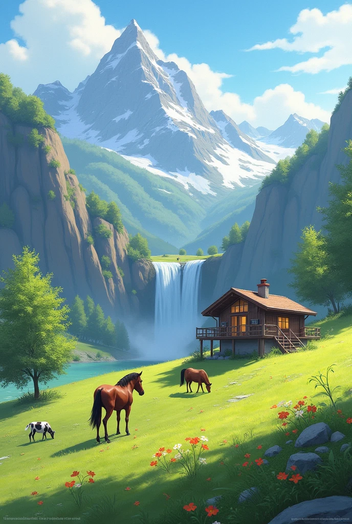 Bunglow mountain grass horse waterfall cow