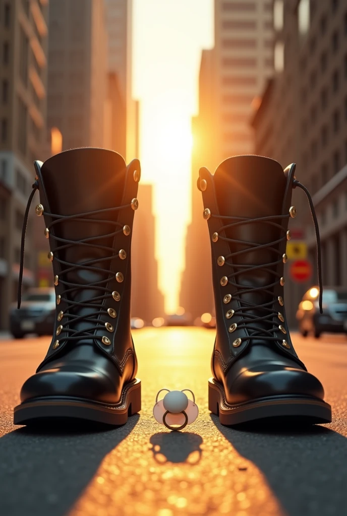 In the middle of the street, a pair of black military boots protects a baby pacifier on the street, between boots. A halo of light surrounds the baby pacifier. In the background, the buildings reveal the beautiful light of a sunny day.