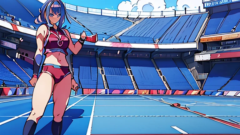 Anime girl in separate athletic wear posing in stadium with spectators, Enchanting anime girl, detailed Digital anime art, Best anime 4k konachan wallpaper, Smooth anime CG art, [ 4k yen digital art ]!!, I also make fan art, Digital anime art, Strongest Pose, Digital anime illustration, 4k anime wallpaper, Ilya Kuvshinov. 4k yen