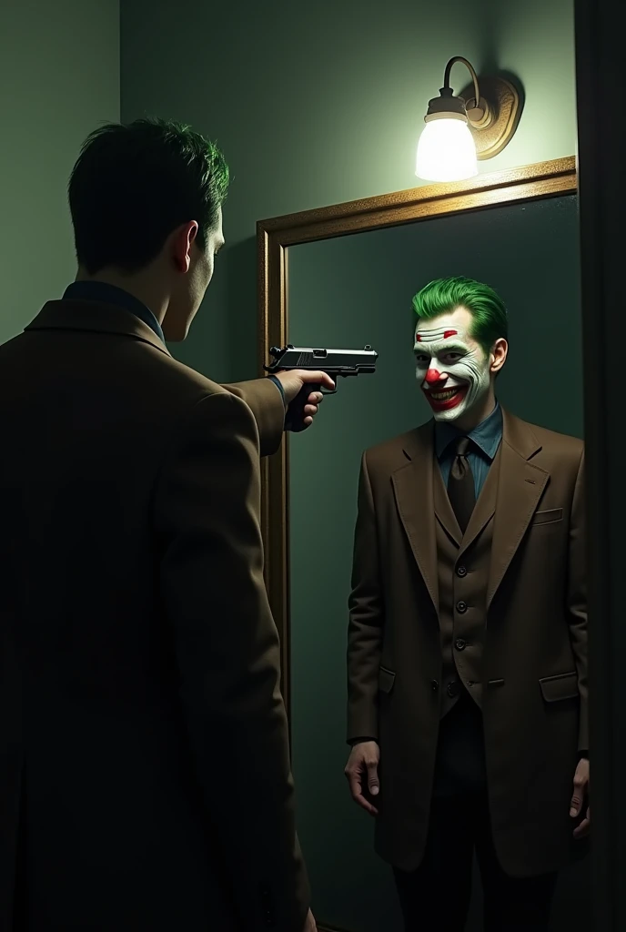 Cinematic image of the character Jeremiah Valeska Gotham in a brown suit looking at himself in the mirror He is pointing a gun at his head and is seeing his reflection as the Joker