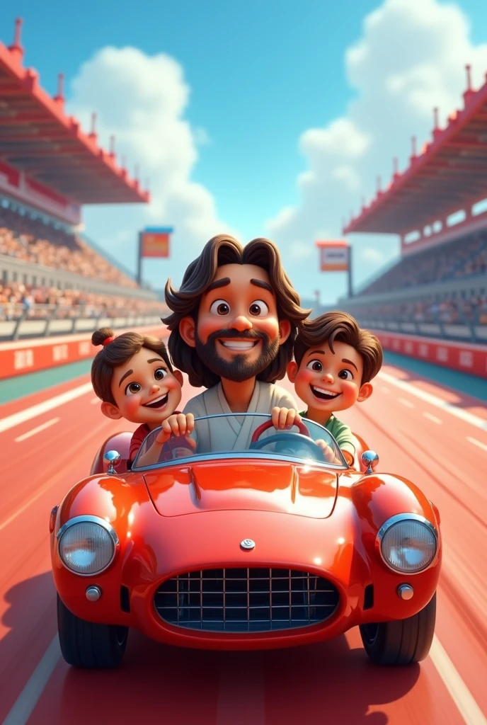 Uma imagem estilo Disney Pixar com Jesus e 3 crianças em um carro numa Speedway. Jesus must be driving the car, the steering wheel must be clearly visible. MAKE JESUS SMILER, Speedway. LET JESUS BE CUTER. Na imagem deve conter um Speedway visível atrás do carro. The expression on the faces of Jesus and the children must be of people who are happy and having fun., must have a RACE TRACK