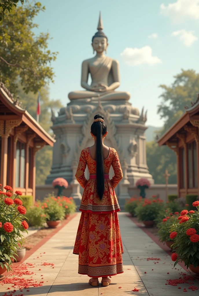 មាននារីម្នាក់ស្លៀកសំលៀកបំពាក់បុរាណខ្មែរ ឈរសំពះនៅមុខរូបសំណាក់របស់ព្រះអង្គព្រះពុទ្ធ នៅក្នុងបរិវេណវត្ត ដែលមានផ្ទៃមេឃជះពន្លឺ មានហំពណ៌ទៅដោយសួនផ្កា