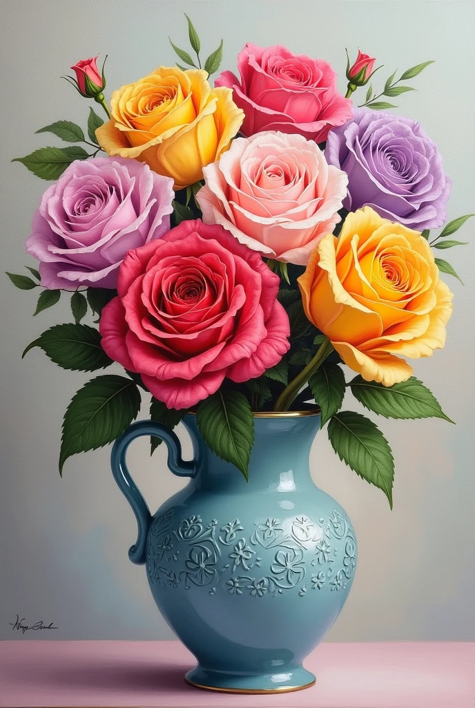 An acrylic painting of a vase with roses of various colors 
