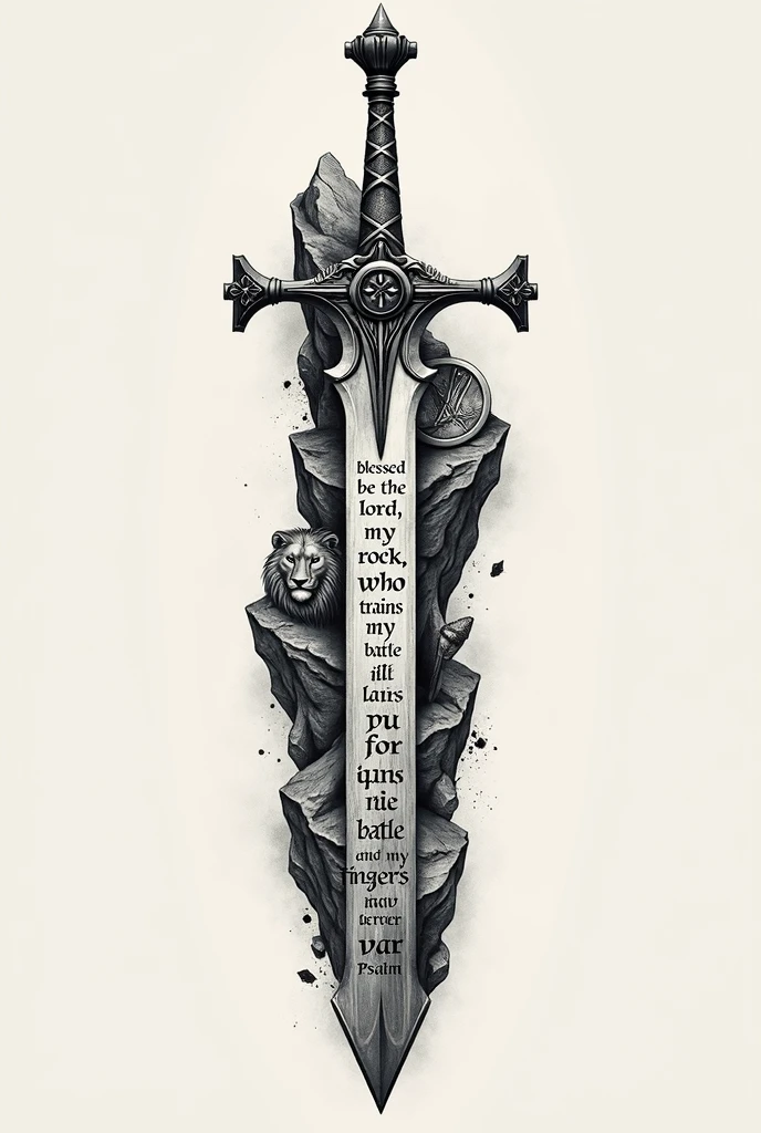 Description for Tattoo Design:

    Core Elements:
        elsword (or a combination of sword and shield): The sword will be the central element. Can be styled with details, such as a cross on the handle or marks that symbolize divine protection.

    Verse:
        texto: "Blessed be the Lord, my rock, who trains my hands for battle and my fingers for war." (Salmo 144:1)
        distribution: Text can be spread along the sword blade, following its contour. Some parts of the verse can be highlighted in larger sizes or with a more decorative font.. Other parts of the text may be smaller and more discreet., fitting the shape of the sword or around the shield.

    Font and Style:
        Calligraphic or Classic Font: Use a font that is elegant and legible. Calligraphic or antique-style fonts add a touch of sophistication.
        Variety of Sizes: Words may vary in length, with the most important parts of the verse highlighted.

    Adding details:
        Lion and Shield: If you choose the lion option, it can be positioned next to the sword or shield. The shield can have the text integrated or in a band around it..
        Rock and Cross: If you choose the rock, the text may appear to be carved into the rock, with the cross highlighted in the background or as a complementary detail.

    Composition:
        Harmony and Flow: Make sure the text flows with the contours of the central elements, so that the reading is natural and the tattoo has a cohesive appearance.