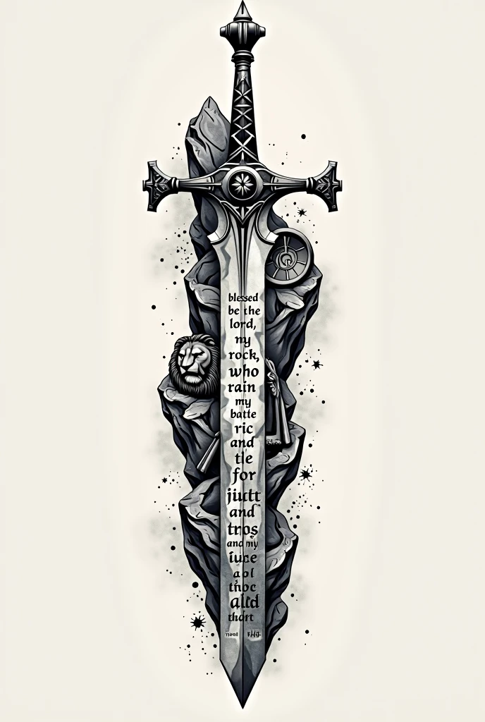 Description for Tattoo Design:
Core Elements:
elsword (or a combination of sword and shield): The sword will be the central element. Can be styled with details, such as a cross on the handle or marks that symbolize divine protection.
Verse:
texto: "Blessed be the Lord, my rock, who trains my hands for battle and my fingers for war." (Salmo 144:1)
distribution: Text can be spread along the sword blade, following its contour. Some parts of the verse can be highlighted in larger sizes or with a more decorative font.. Other parts of the text may be smaller and more discreet., fitting the shape of the sword or around the shield.
Font and Style:
Calligraphic or Classic Font: Use a font that is elegant and legible. Calligraphic or antique-style fonts add a touch of sophistication.
Variety of Sizes: Words may vary in length, with the most important parts of the verse highlighted.
Adding details:
Lion and Shield: If you choose the lion option, it can be positioned next to the sword or shield. The shield can have the text integrated or in a band around it..
Rock and Cross: If you choose the rock, the text may appear to be carved into the rock, with the cross highlighted in the background or as a complementary detail.
Composition:
Harmony and Flow: Make sure the text flows with the contours of the central elements, so that the reading is natural and the tattoo has a cohesive appearance.