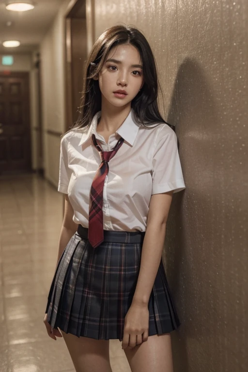 1girl, slender beautiful girl, long straight black hair, tiny breast, Beautiful big eyes, plump big silkworms. leaning on doorway in old school hallway, rain falling outside hallway, wet floor, wearing white cotton school uniform, white sailor top with short sleeves, red necktie, red and black plaid mini skirt, pleated skirt, slight wind blowing hair, melancholic gaze looking at camera, shallow depth of field, extremely detailed skin, hair and clothing, cinematic lighting, muted color palette, rainy atmosphere, (best quality,4k,8k,highres,masterpiece:1.2),ultra-detailed,(realistic,photorealistic,photo-realistic:1.37),detailed,masterpiece