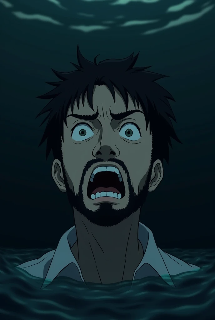 A man sunk to the bottom of deep water is drawn with the light removed from his eyes and his expression slightly close up. The background is dark and black.、Japanese man with open eyes and a desperate expression, beard removed、16Old anime style
