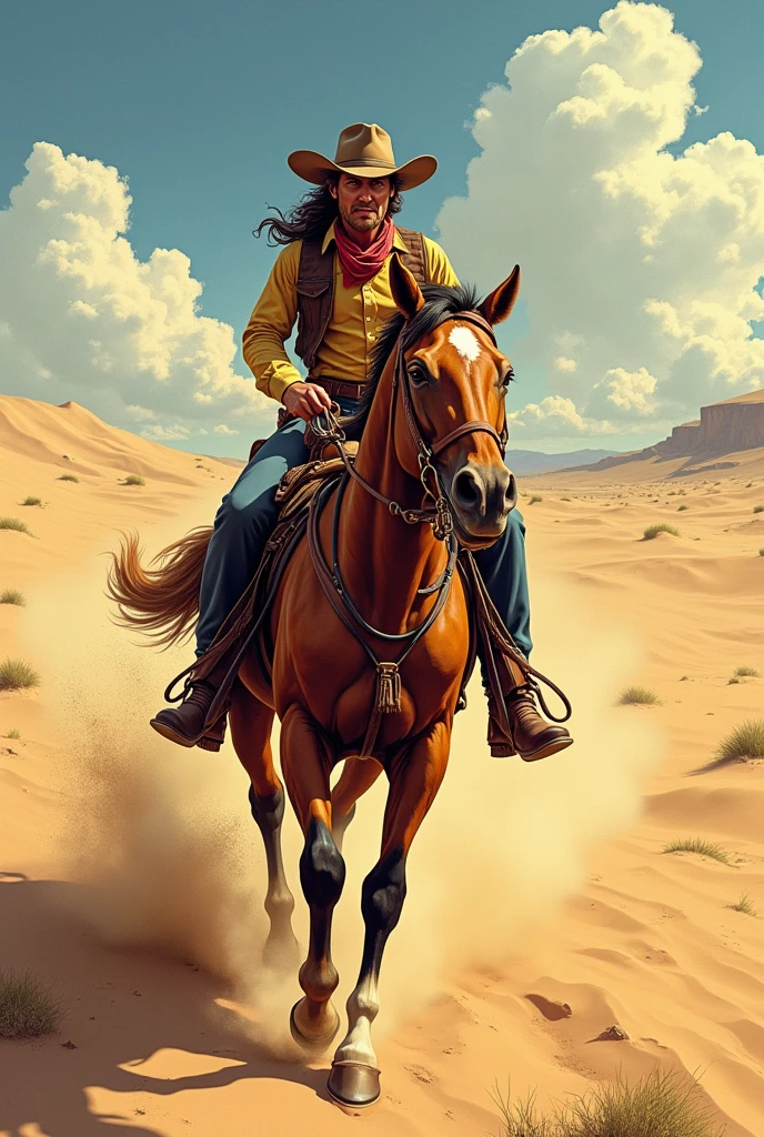 Hyperrealistic color comic from the 1950s in the middle of the desert, a cowboy and a cowgirl are riding a horse