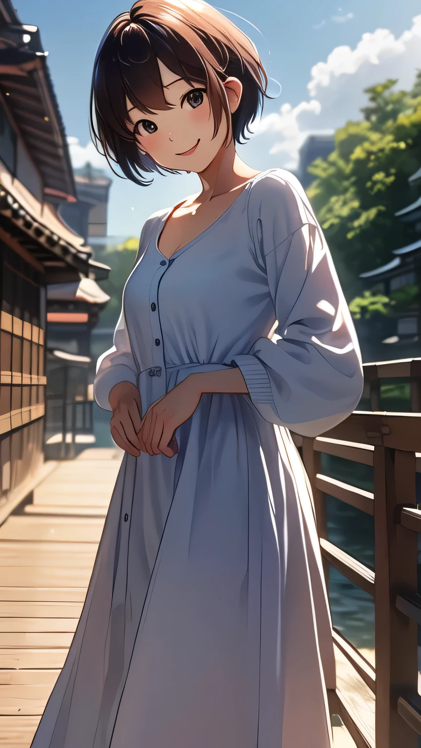 (masterpiece, Highest quality, 8k)、Cowboy Shot、One housewife、40 years old、Japanese、Coming down the footbridge、Come this way、smile、A tight white long dress with a light purple cardigan、Short Bob Cut Hair、Brown Hair、Shooting from below、Explore the city、blue sky、