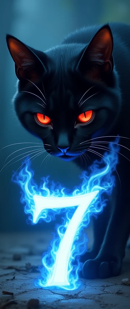 An evil red-eyed cat looking at the letter Y and the number 7 of blue fire