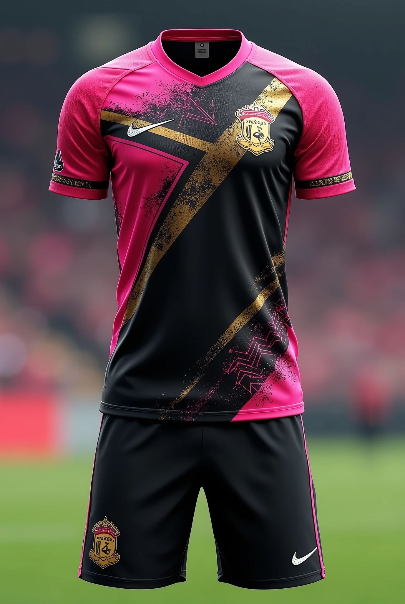 Make me a soccer uniform with a spectacular design that the colors are black with pink and gold 