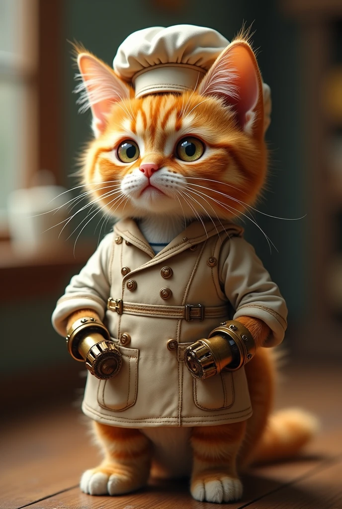 Cute close-up of an orange cat., In the kitchen, complicated details, ((Engineering cat)) ,Two-legged standing,Chef's clothing, Standing on two legs,Intention,Construction Cat