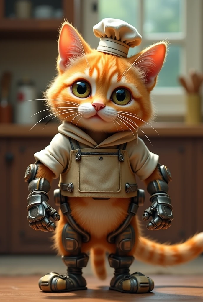 Cute close-up of an orange cat., In the kitchen, complicated details, ((Engineering cat)) ,Two-legged standing,Chef's clothing, Standing on two legs,Intention,Construction Cat