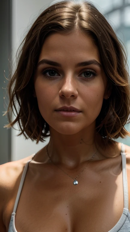 portrait de face d'une femme brune, wavy brown hair, masterpiece, gym, Twilight Time, haute qualité 8k