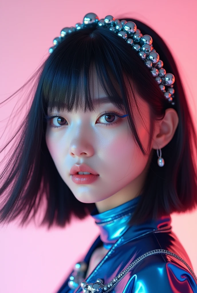 korean girl, prominent features of her face, enhancing her unique and captivating appearance like (idol) kpop, A photograph with straight short light black hair with bangs flying hair to the right side, brown eyes, blue metallic cyber y2k chrome eyeliner makeup accessory with metallic beads, blue cyber y2k clothing, blue fabric futuristic neckpiece, blue metallic futuristic cyber y2k headpiece, light pink background, bloom effect, photorealism