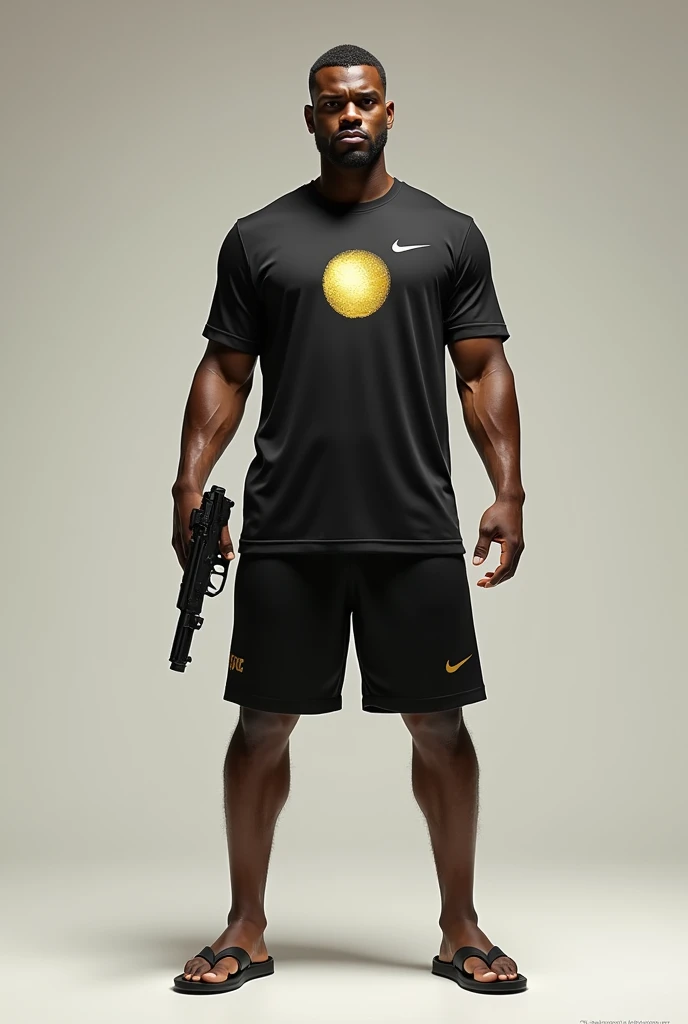 Make one with a Nike shirt and shorts and black flip flops , with a golden dot in the middle and with a gun in his hand
